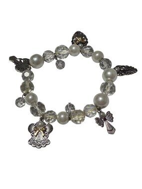 Angel Charm Bracelet Faux Pearls Crystal Beads Angelcore Cottagecore Jewelry